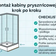 Ilustracja przedstawia montaż kabiny prysznicowej. Na liście kontrolnej znajdują się różne rodzaje kabin prysznicowych i etapy instalacji.