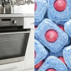 Otwarty piekarnik i stos niebieskich tabletek do zmywarki. Dowiedz się, jak wyczyścić piekarnik tabletką do zmywarki, by lśnił czystością.