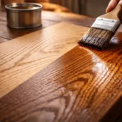Pędzel rozprowadza laka na drewnianej desce, nadając jej głęboki, połyskliwy kolor.