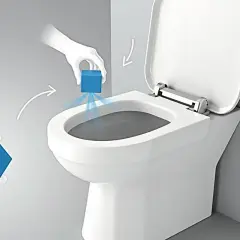 Instrukcja: jak założyć kostkę do wc bez kołnierza. Ręka w rękawiczce umieszcza kostkę czyszczącą nad muszlą klozetową.