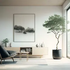 Minimalistyczny salon w stylu **japandi**: czarny fotel, drewniana komoda, obraz z mglistym krajobrazem i drzewko bonsai.