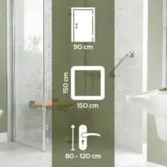 Wymiary łazienki dla niepełnosprawnych: drzwi 90 cm, kabina 150x150 cm, uchwyt 80-120 cm.