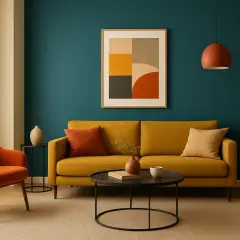 Sofa w kolorze musztardowym, obok fotel i poduszki w odcieniach pomarańczowych. Na ścianie abstrakcyjny obraz.