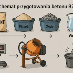 Schemat pokazuje, jak zrobić beton B20: cement, piasek, żwir i woda trafiają do betoniarki.