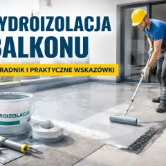 Pracownik nakłada hydroizolację na balkon wałkiem. Obok wiadro z materiałem i akcesoria. Poradnik: jaka hydroizolacja na balkon.