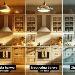 Porównanie kuchni w trzech barwach światła: ciepła, neutralna i zimna. Jaka barwa światła do kuchni stworzy najlepszą atmosferę?