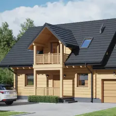 Drewniany dom z balkonem i garażem. Przed domem ganek z balustradą, obok biały SUV.