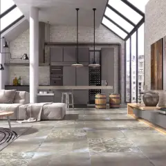 Nowoczesne wnętrze z betonową podłogą. Ta **terakota co to** za materiał? To płytki imitujące beton, idealne do loftowych aranżacji.