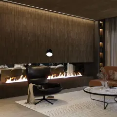 Nowoczesny salon z kominkiem wykończonym pionowymi płytkami w odcieniach brązu. Ogień w palenisku tworzy przytulną atmosferę.