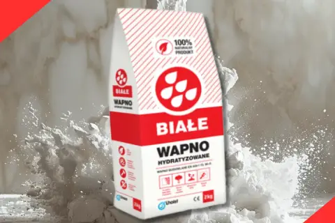Białe wapno budowlane w worku, otoczone chmurą białego pyłu. Idealne do prac remontowych.