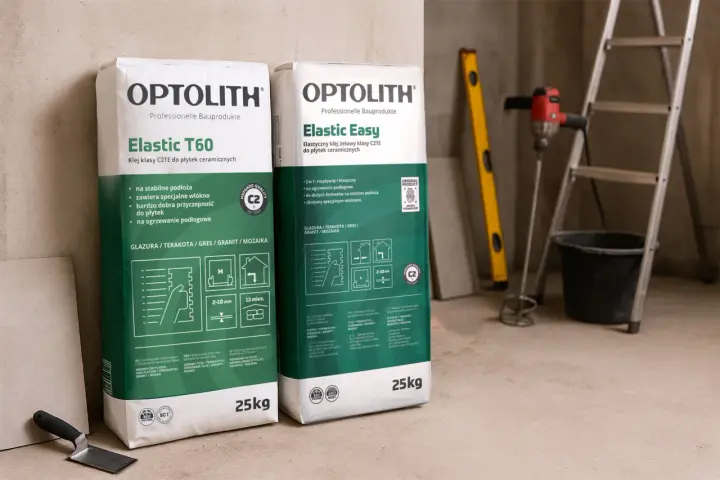 Dwa worki kleju do płytek Optolith Elastic T60 i Elastic Easy. Jaki klej do płytek wybrać? Oba są klasy C2TE.
