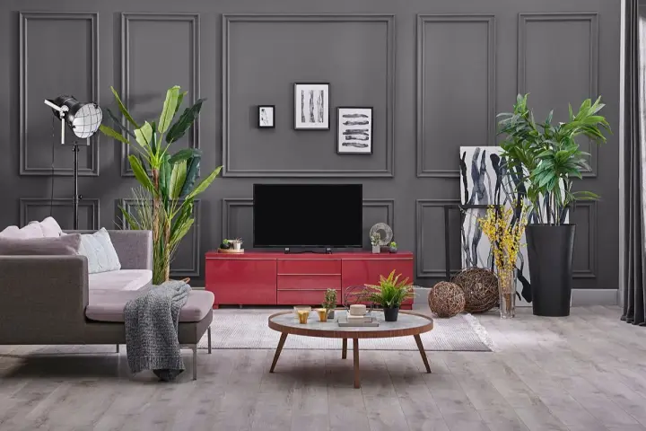 Nowoczesny salon z szarą ścianą w kolorze antracyt, która dodaje elegancji. Wygodna kanapa, czerwona szafka RTV i stolik kawowy tworzą przytulną przestrzeń.