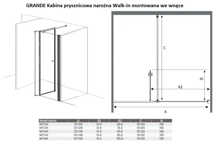 Narożna kabina prysznicowa GRANDE Walk-in z drzwiami uchylnymi, idealna do montażu we wnęce. Wymiary i schemat montażu.