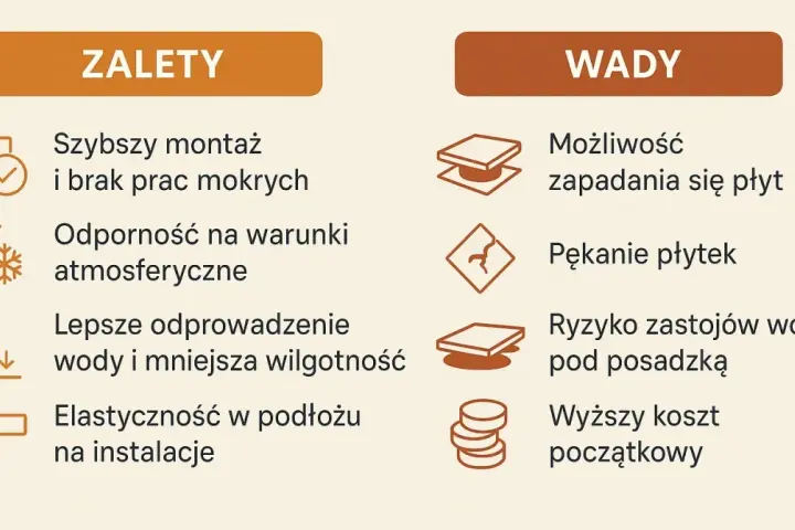 Taras wentylowany wady: zapadanie się płyt, pękanie, zastój wody, wyższy koszt. Zalety: szybki montaż, odporność, odprowadzenie wody.