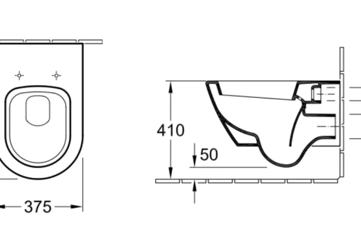 Rysunek techniczny miski WC z wymiarami: szerokość 375 mm, wysokość 565 mm, głębokość 410 mm. Pokazuje, ile miejsca na WC potrzebujesz.