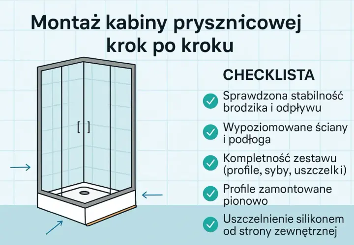 Ilustracja przedstawia montaż kabiny prysznicowej. Na liście kontrolnej znajdują się różne rodzaje kabin prysznicowych i etapy instalacji.