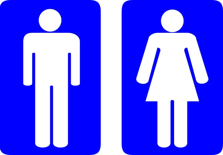 Białe sylwetki mężczyzny i kobiety na niebieskim tle. To standardowe oznaczenie wc, które informuje o dostępności toalet.