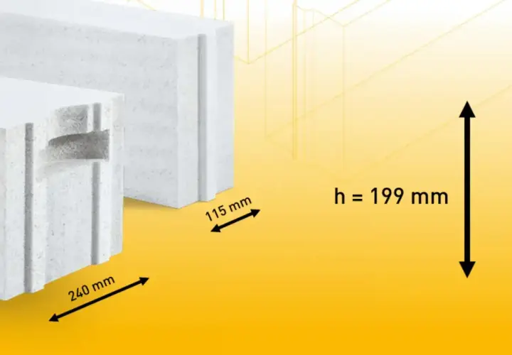 Białe bloczki z betonu komórkowego. Wymiary suporeksu: 240 mm (długość), 115 mm (szerokość), 199 mm (wysokość).