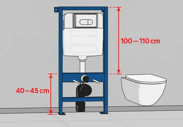 Schemat montażu stelaża WC z podwieszaną miską. Wymiary: 100-110 cm (wysokość) i 40-45 cm (odległość od podłogi).