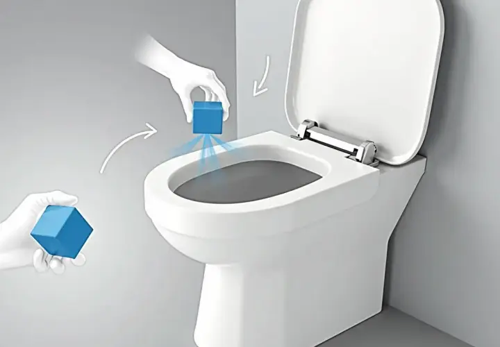 Instrukcja: jak założyć kostkę do wc bez kołnierza. Ręka w rękawiczce umieszcza kostkę czyszczącą nad muszlą klozetową.
