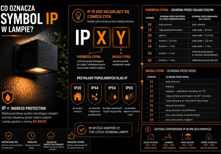 Lampa z ochroną IP44, idealna do łazienek i wilgotnych pomieszczeń, chroni przed bryzgami wody i pyłem.