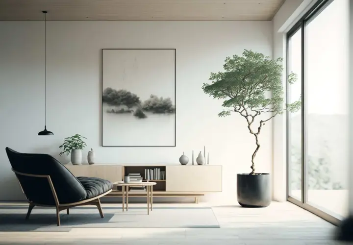 Minimalistyczny salon w stylu **japandi**: czarny fotel, drewniana komoda, obraz z mglistym krajobrazem i drzewko bonsai.