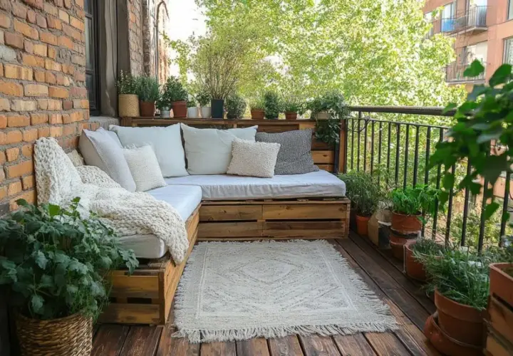 Przytulny balkon z sofą z palet, roślinami i dywanem. Idealne miejsce, by dowiedzieć się, czym osłonić balkon, tworząc zieloną oazę.