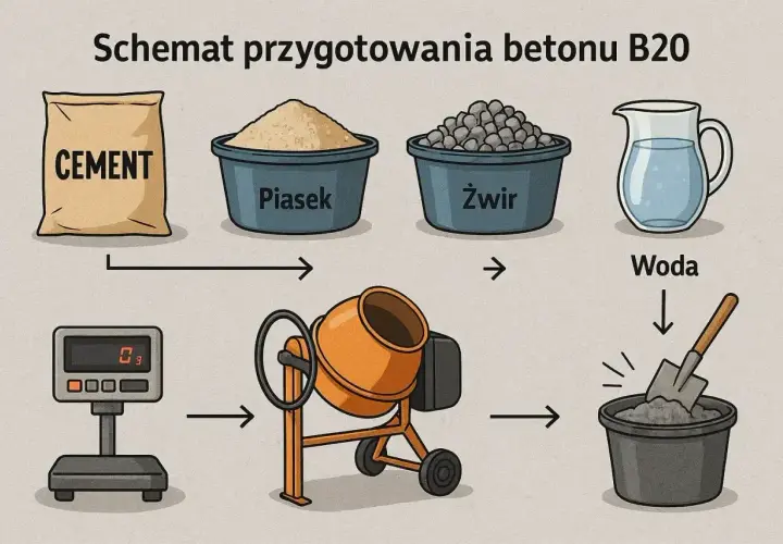 Schemat pokazuje, jak zrobić beton B20: cement, piasek, żwir i woda trafiają do betoniarki.