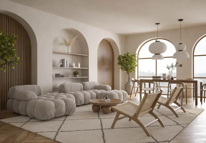 Miękka, **alabastrowa** sofa w kształcie chmur, drewniane krzesła i okrągły stolik tworzą przytulną przestrzeń.