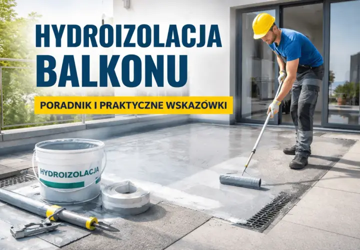 Pracownik nakłada hydroizolację na balkon wałkiem. Obok wiadro z materiałem i akcesoria. Poradnik: jaka hydroizolacja na balkon.