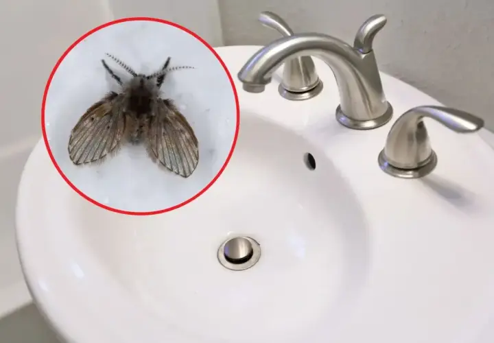 Małe muszki w łazience, siedzące na białej umywalce obok chromowanej baterii.