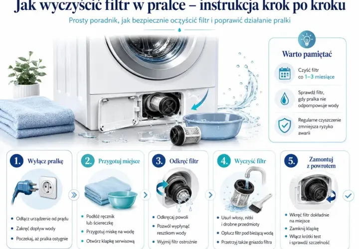 Ilustracja przedstawia instrukcję czyszczenia filtra pralki krok po kroku, z widoczną pralką, akcesoriami i etapami procesu.
