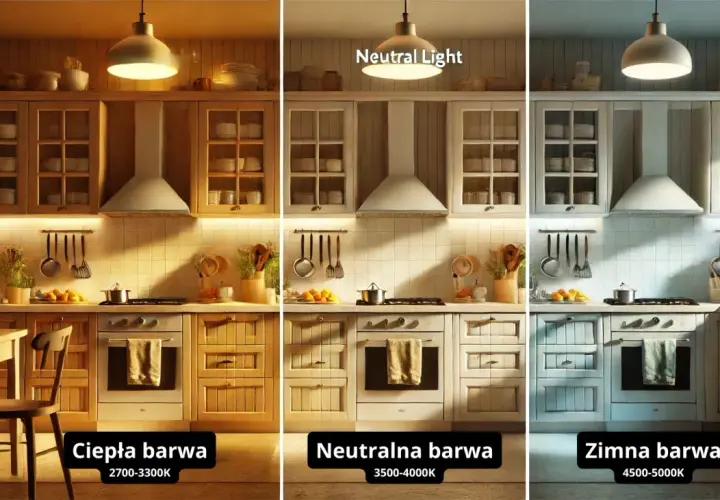Porównanie kuchni w trzech barwach światła: ciepła, neutralna i zimna. Jaka barwa światła do kuchni stworzy najlepszą atmosferę?