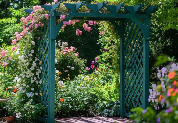 Zielona pergola DIY, ozdobiona kwitnącymi różami i innymi kwiatami, tworzy malownicze przejście do ogrodu pełnego zieleni.