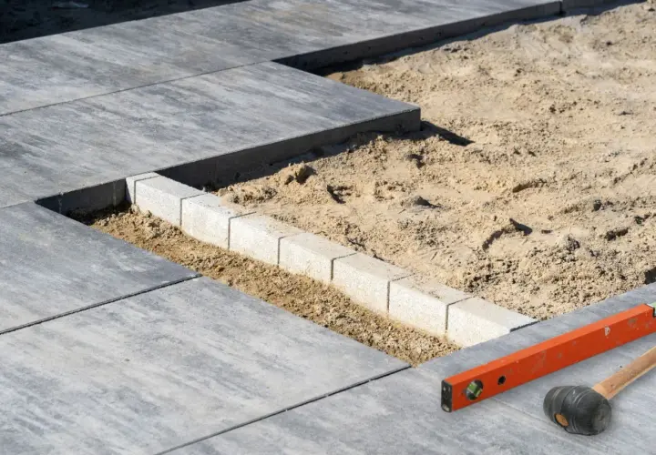 Budowa tarasu betonowego w toku. Betonowe płyty i obrzeża czekają na ułożenie. Poziomica i młotek gumowy gotowe do pracy.