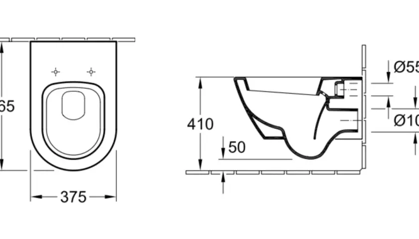 Rysunek techniczny miski WC z wymiarami: szerokość 375 mm, wysokość 565 mm, głębokość 410 mm. Pokazuje, ile miejsca na WC potrzebujesz.