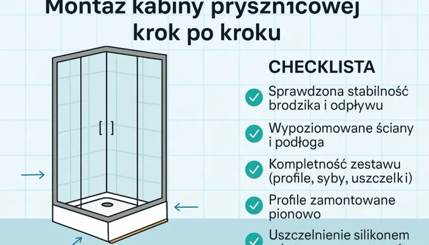 Ilustracja przedstawia montaż kabiny prysznicowej. Na liście kontrolnej znajdują się różne rodzaje kabin prysznicowych i etapy instalacji.
