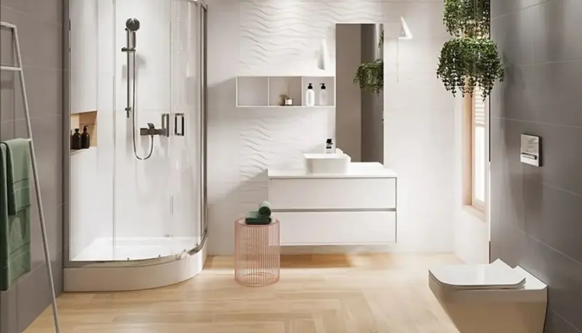 Nowoczesna łazienka 5m2: prysznic, umywalka, WC. Koszt remontu łazienki 5m2 robocizna – szacunkowy.