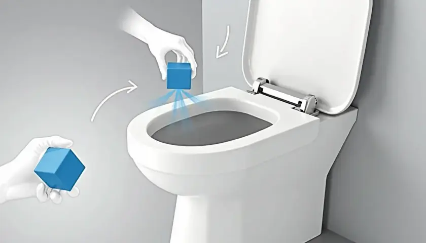 Instrukcja: jak założyć kostkę do wc bez kołnierza. Ręka w rękawiczce umieszcza kostkę czyszczącą nad muszlą klozetową.