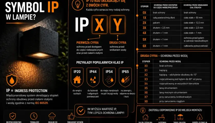 Lampa z ochroną IP44, idealna do łazienek i wilgotnych pomieszczeń, chroni przed bryzgami wody i pyłem.