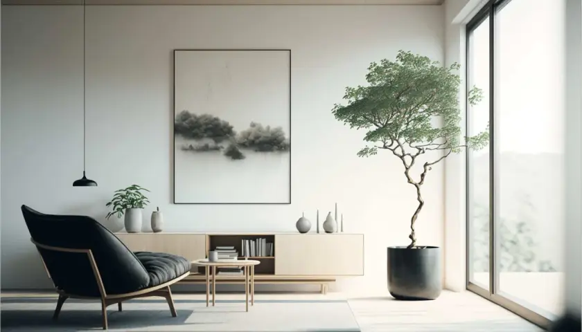 Minimalistyczny salon w stylu **japandi**: czarny fotel, drewniana komoda, obraz z mglistym krajobrazem i drzewko bonsai.