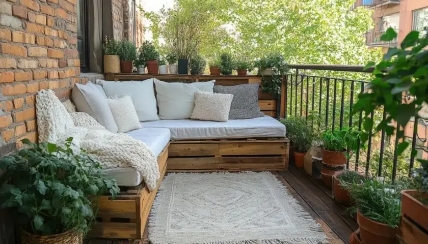 Przytulny balkon z sofą z palet, roślinami i dywanem. Idealne miejsce, by dowiedzieć się, czym osłonić balkon, tworząc zieloną oazę.