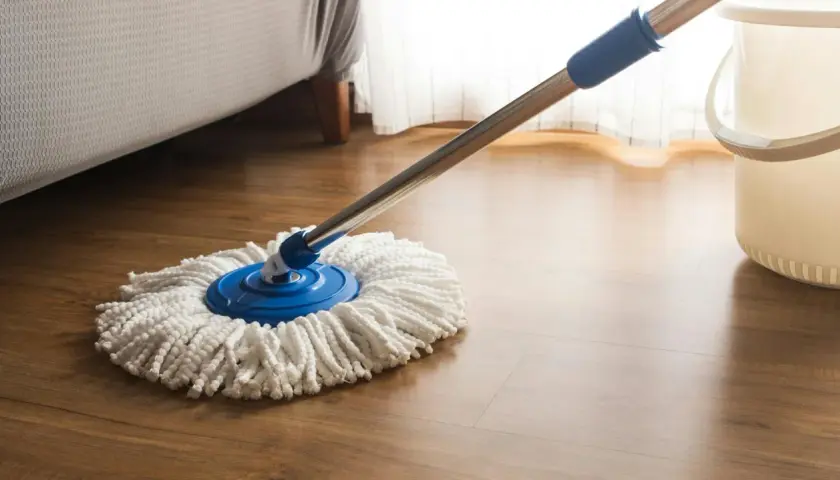 Mop z mikrofibry na drewnianej podłodze. Idealny do czyszczenia paneli, by lśniły czystością.