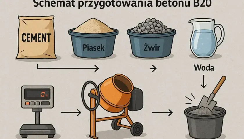 Schemat pokazuje, jak zrobić beton B20: cement, piasek, żwir i woda trafiają do betoniarki.