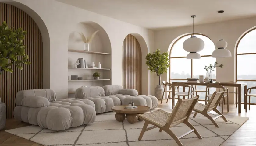 Miękka, **alabastrowa** sofa w kształcie chmur, drewniane krzesła i okrągły stolik tworzą przytulną przestrzeń.