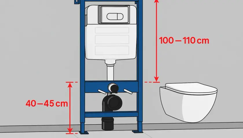 Schemat instalacji podtynkowej. Wymiary: 100-110 cm (wysokość) i 40-45 cm (odległość od podłogi). Szerokość geberitu jest kluczowa dla montażu.