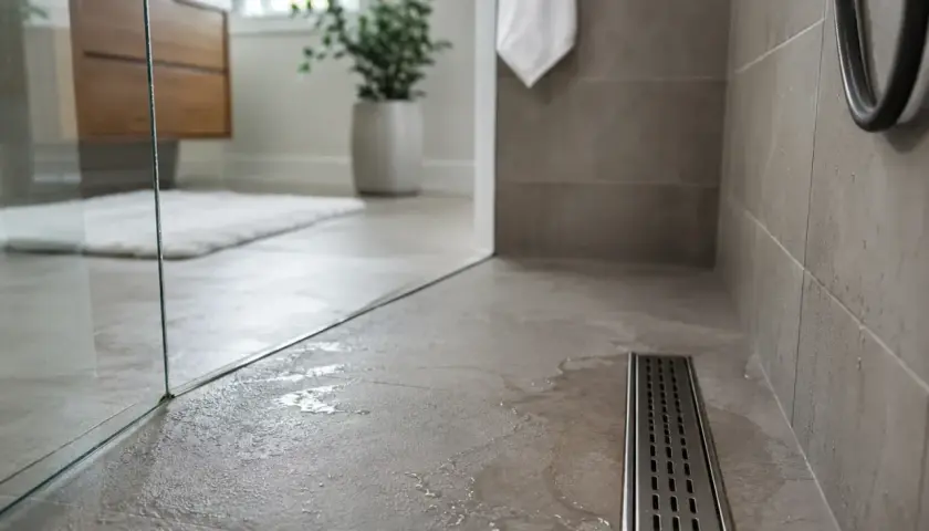 Nowoczesna łazienka z prysznicem walk-in. Widać odpływ wc w podłodze, szklany parawan i drewnianą szafkę.
