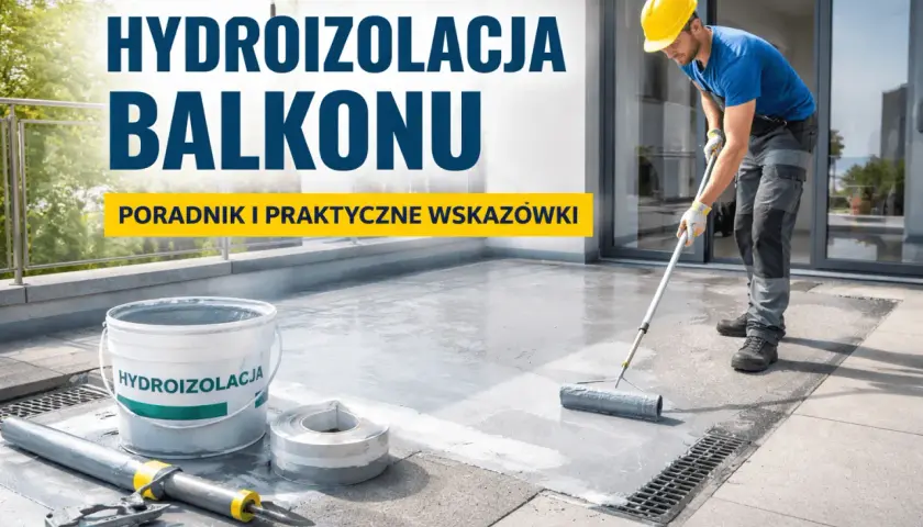 Pracownik nakłada hydroizolację na balkon wałkiem. Obok wiadro z materiałem i akcesoria. Poradnik: jaka hydroizolacja na balkon.