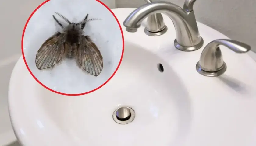 Małe muszki w łazience, siedzące na białej umywalce obok chromowanej baterii.