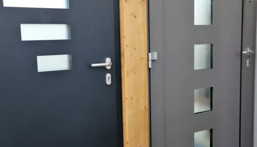 Drewniana belka między drzwiami, sugerująca jak uszczelnić próg drzwi wejściowe od spodu.